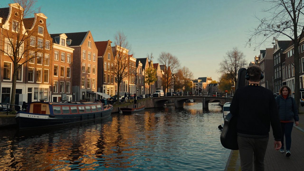Canal near Westerpark with musician walking by water