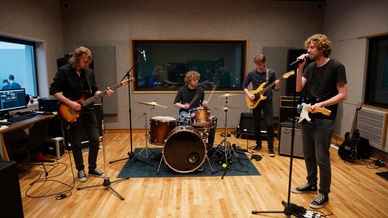 Band playing live in recording room with drums and amps
