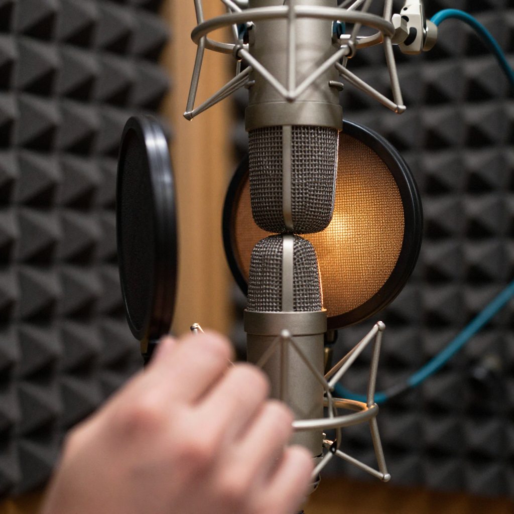 Close-up van microfoon en popfilter in zangbooth