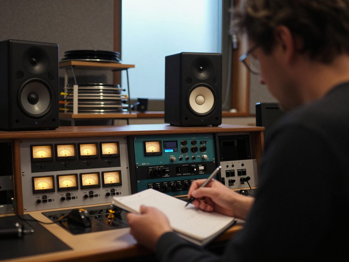 Mastering engineer listening on monitors with rack gear