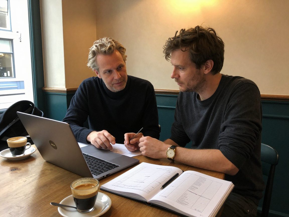 Musician and engineer discussing mix planning in café