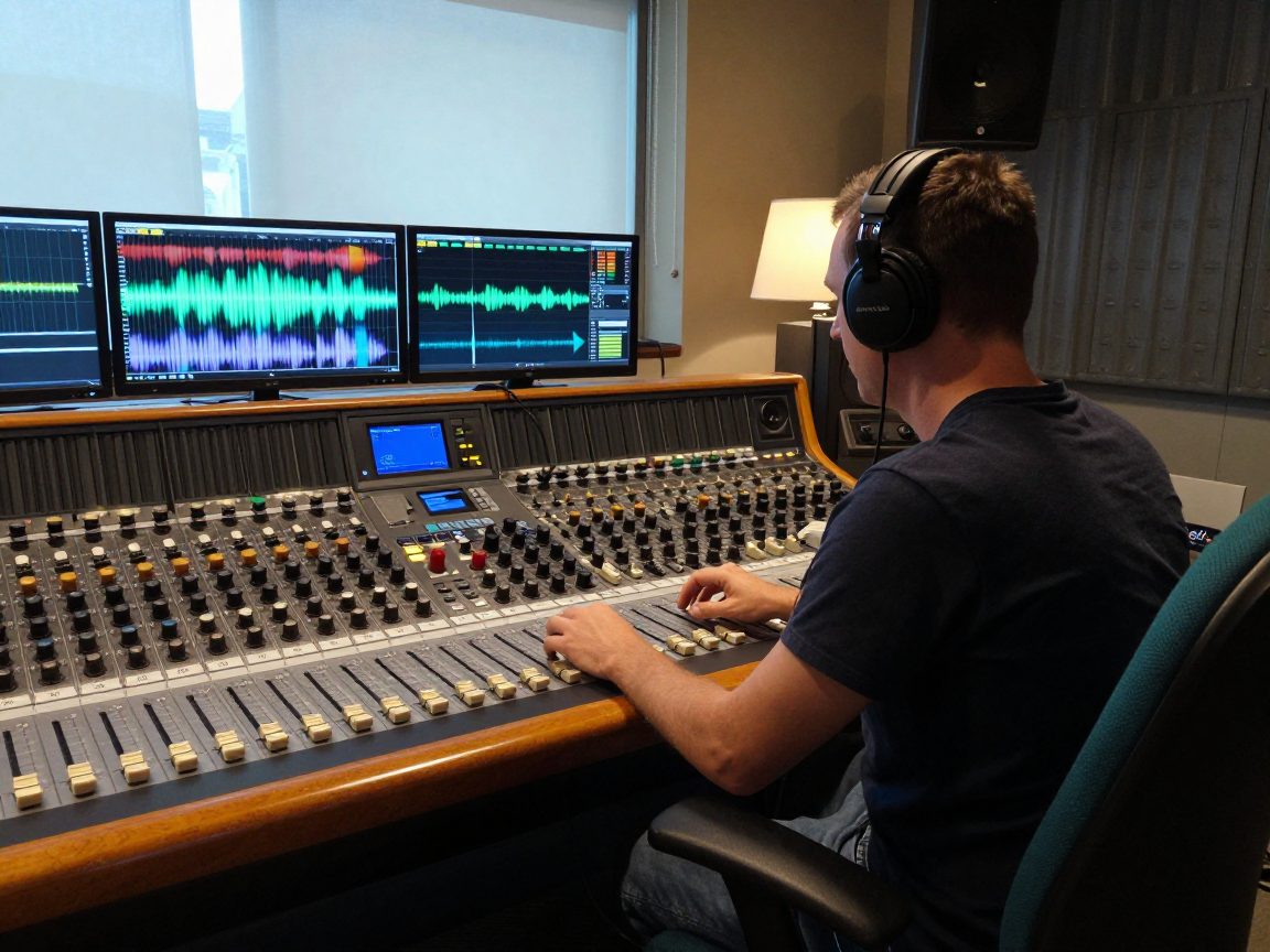 Mix engineer at console with headphones and daylight