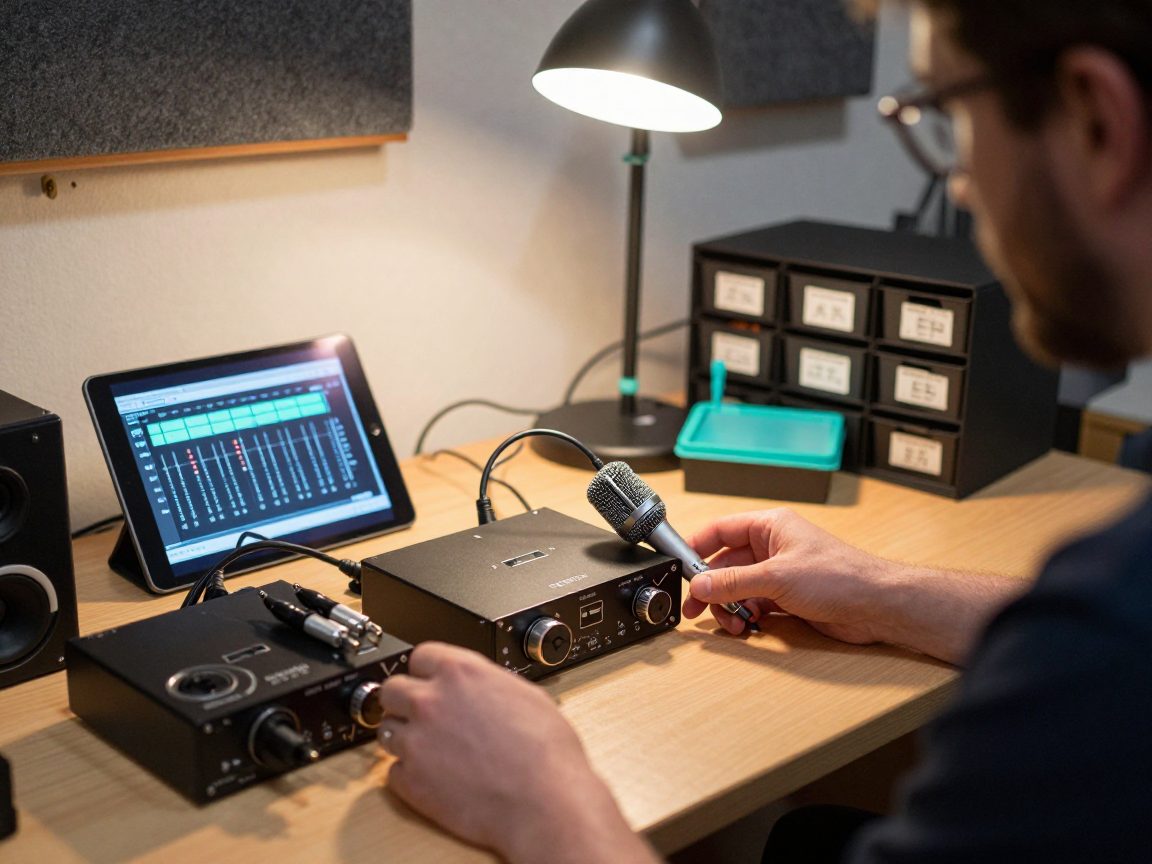 Engineer comparing interfaces and cables for podcast