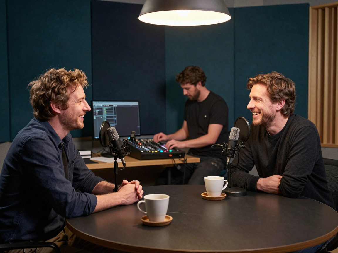 Two podcast hosts with mics at round table in studio