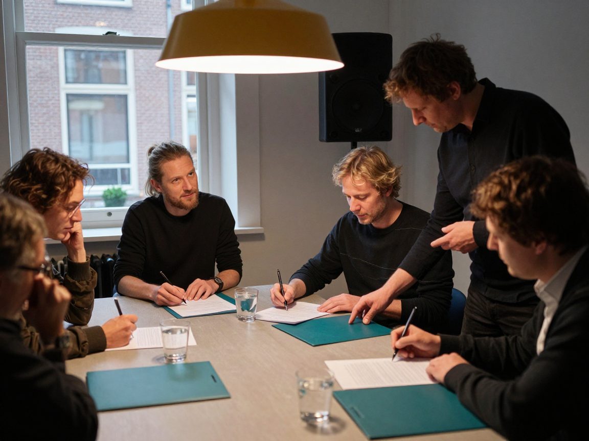 Band and director discussing documents at table