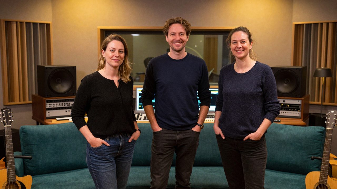 Drie studio-medewerkers poseren informeel in lounge