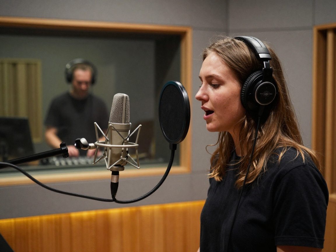 Singer in iso booth with engineer behind glass in studio