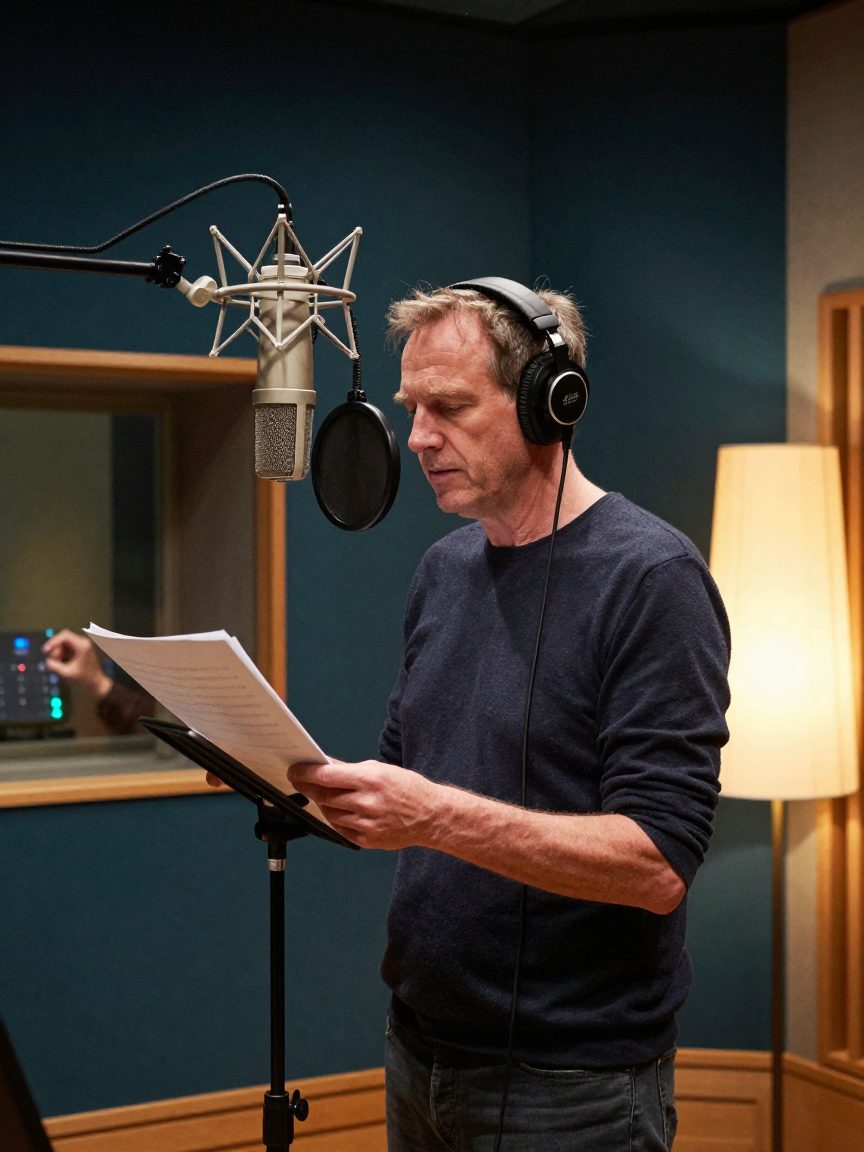 Voice-over narrator reading script at microphone in booth